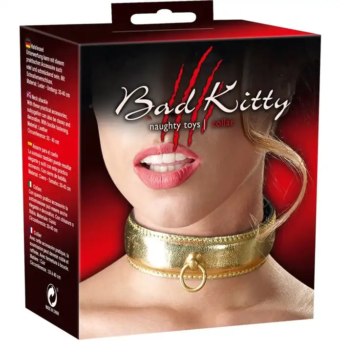 Золотистый ошейник с кольцом для крепления - Bad Kitty. Фотография 3.