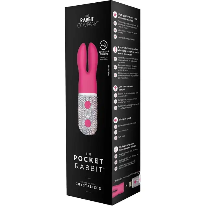 Розовый вибратор с ушками The Pocket Rabbit, украшенный кристаллами. Фотография 3.