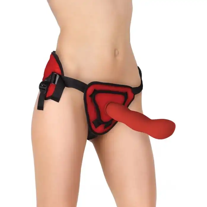 Красный страпон Deluxe Silicone Strap On 10 Inch с волнистой насадкой - 25,5 см - Ouch!