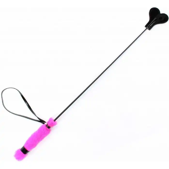 Черный лаковый стек с розовой меховой ручкой - 61 см - BDSM Light
