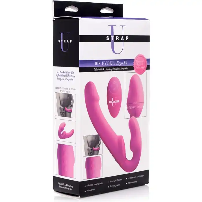 Розовый безремневой страпон с вибрацией и функцией расширения Inflatable Ergo-Fit Strapless Strap-On - Strap U. Фотография 3.