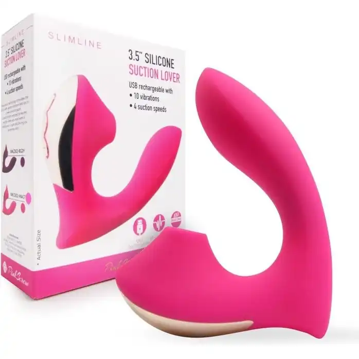Розовый L-образный вибромассажёр с вакуумной стимуляцией 3,5’’ Silicone Billow Suction Lover. Фотография 2.
