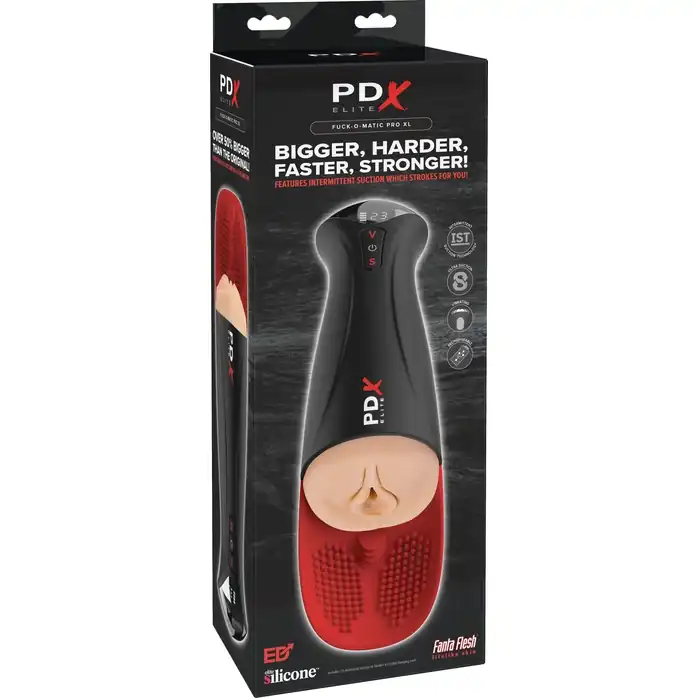 Телесный мастурбатор-вагина в черной колбе с вибрацией Fuck-O-Matic Pro XL - PDX Elite. Фотография 2.
