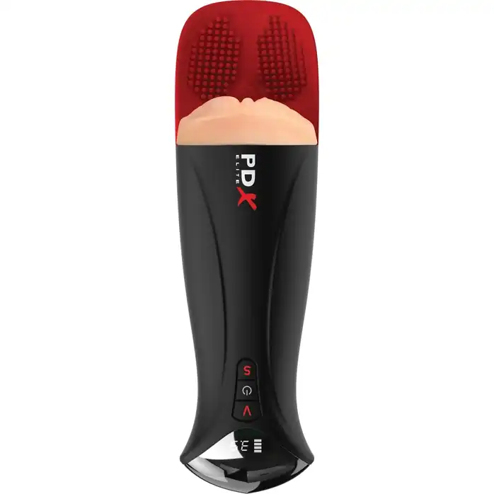Телесный мастурбатор-вагина в черной колбе с вибрацией Fuck-O-Matic Pro XL - PDX Elite. Фотография 3.