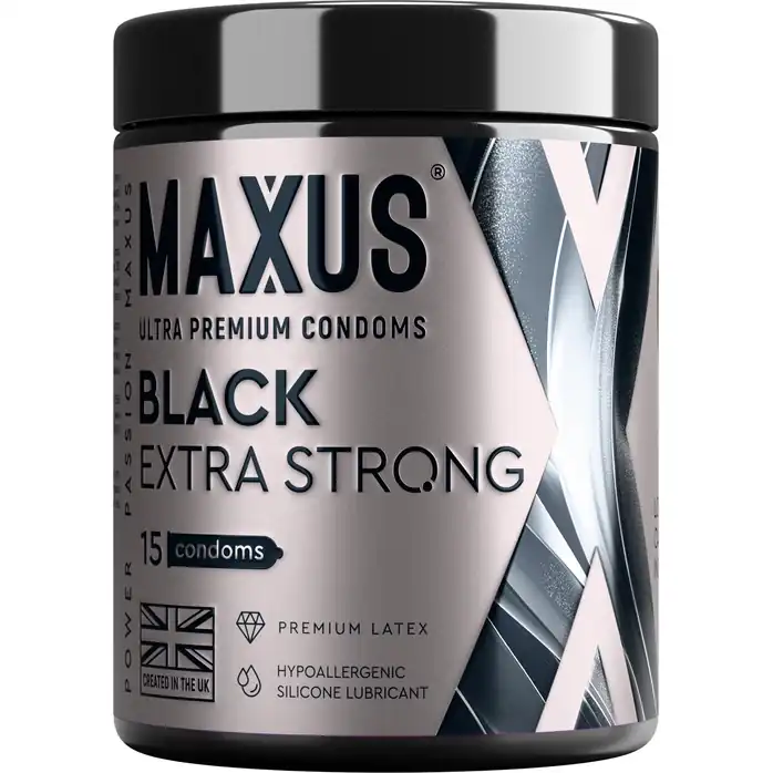 Черные утолщенные презервативы MAXUS Extra Strong с железным кейсом - 15 шт