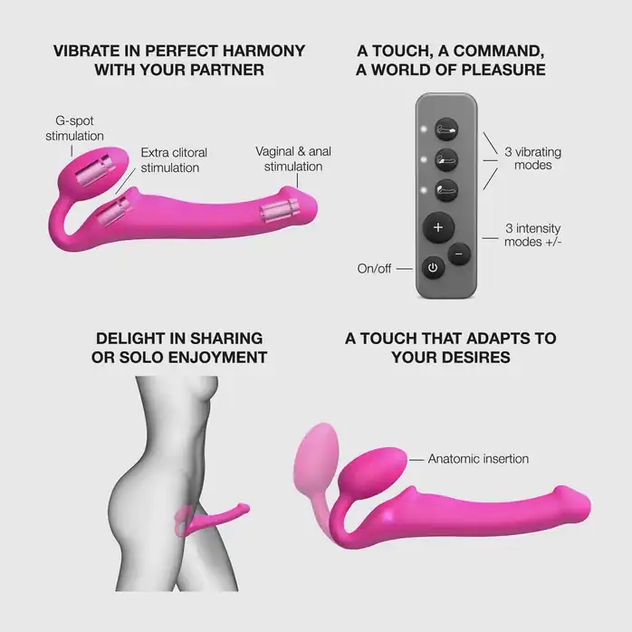 Ярко-розовый безремневой страпон Strap-on-me Vibrating Bendable Strap-On size XL. Фотография 4.