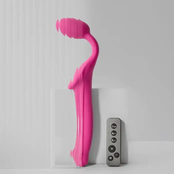 Ярко-розовый безремневой страпон Strap-on-me Vibrating Bendable Strap-On size L
