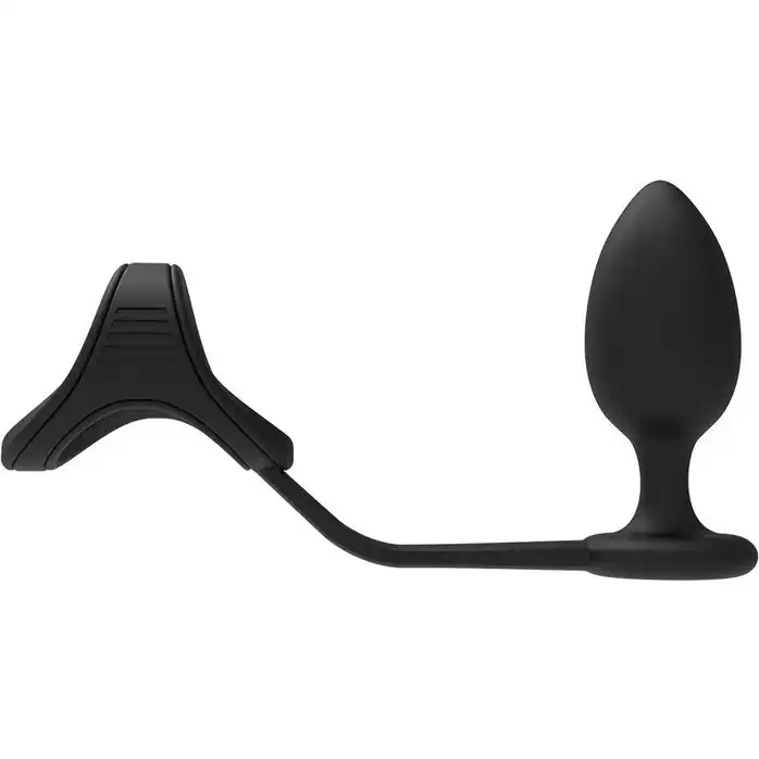 Черное эрекционное кольцо с анальной пробкой Cockstrap With Anal Plug - Ramrod. Фотография 3.
