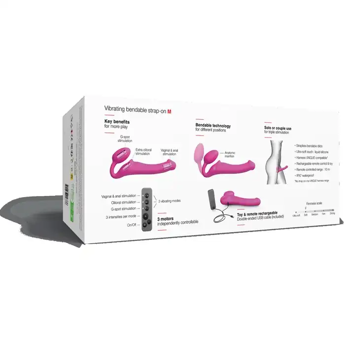 Ярко-розовый безремневой страпон Strap-on-me Vibrating Bendable Strap-On size M. Фотография 5.