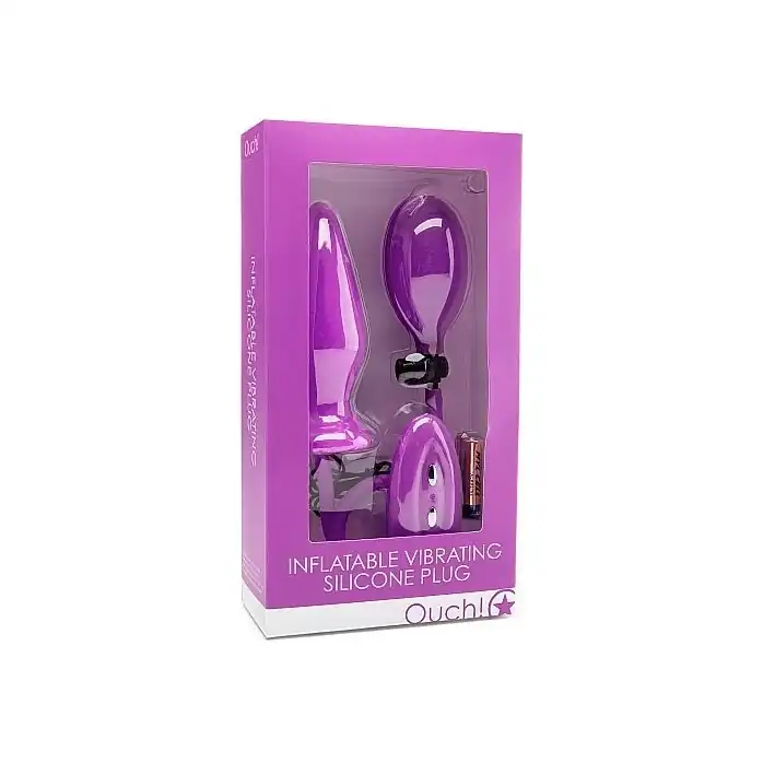 Фиолетовый анальный стимулятор с функцией расширения и вибрацией Inflatable Vibrating Silicone Plug - 12,2 см - Ouch!. Фотография 2.