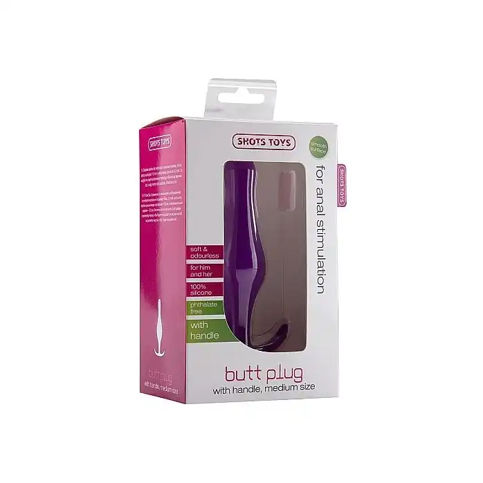 Фиолетовая анальная пробка Butt Plug with Handle Medium - 12,6 см - Shots Toys. Фотография 3.