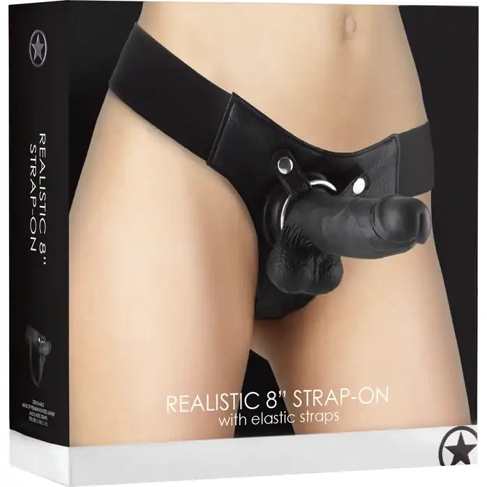 Чёрный страпон Realistic 8 Inch Strap-On - 20 см - Ouch!. Фотография 3.
