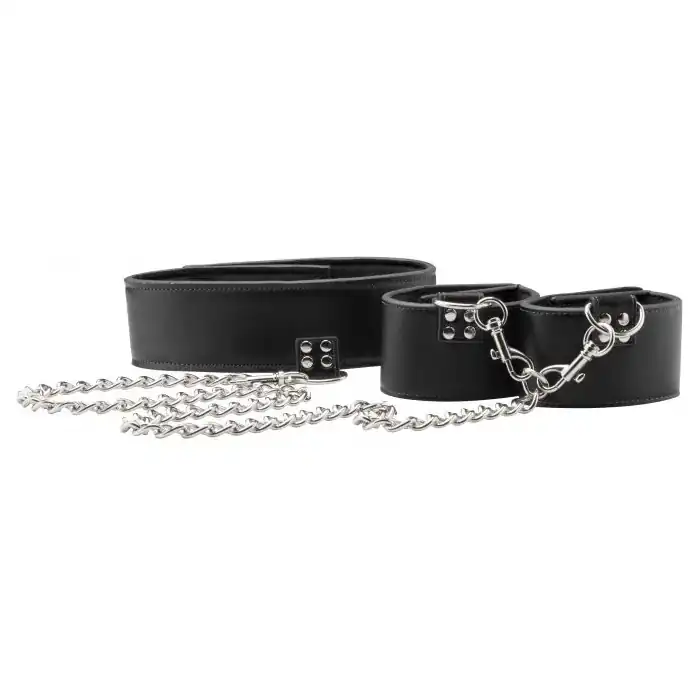 Чёрный двусторонний ошейник с наручниками Reversible Collar and Wrist Cuffs - Ouch!. Фотография 3.