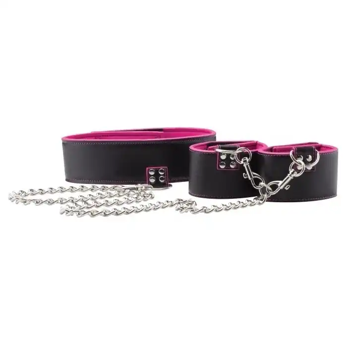 Чёрно-розовый двусторонний ошейник с наручниками Reversible Collar and Wrist Cuffs - Ouch!. Фотография 4.