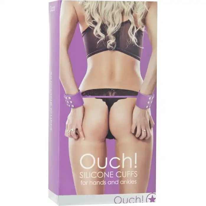 Фиолетовые силиконовые наручники с заклепками - Ouch!. Фотография 2.