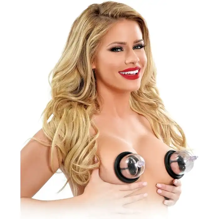 Вакуумная помпа и 2 чаши для сосков Deluxe Vibrating Nipple Pleasure Cups с вибрацией - Fetish Fantasy Series. Фотография 4.