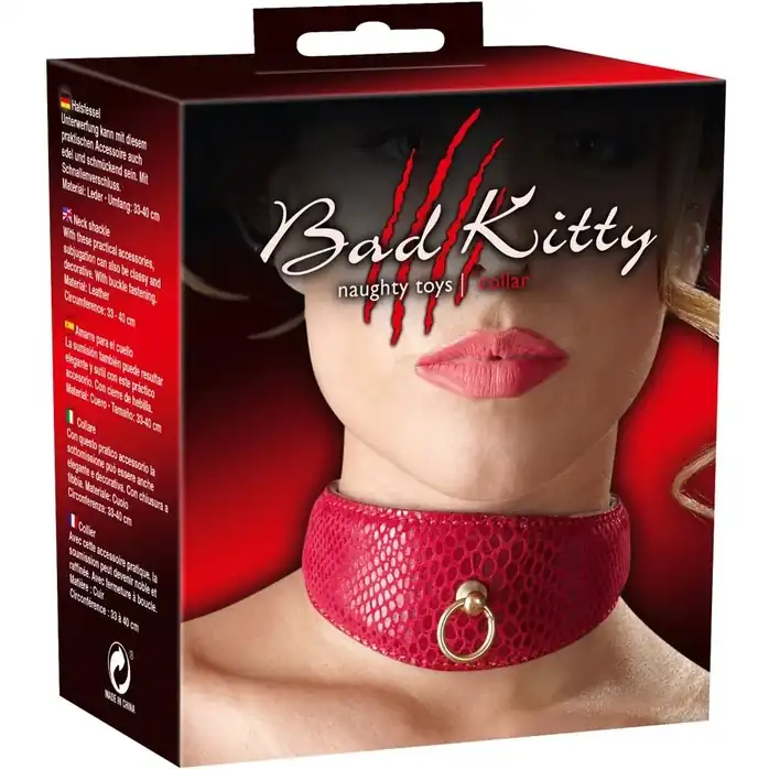 Широкий красный ошейник из перфорированной кожи - Bad Kitty. Фотография 2.