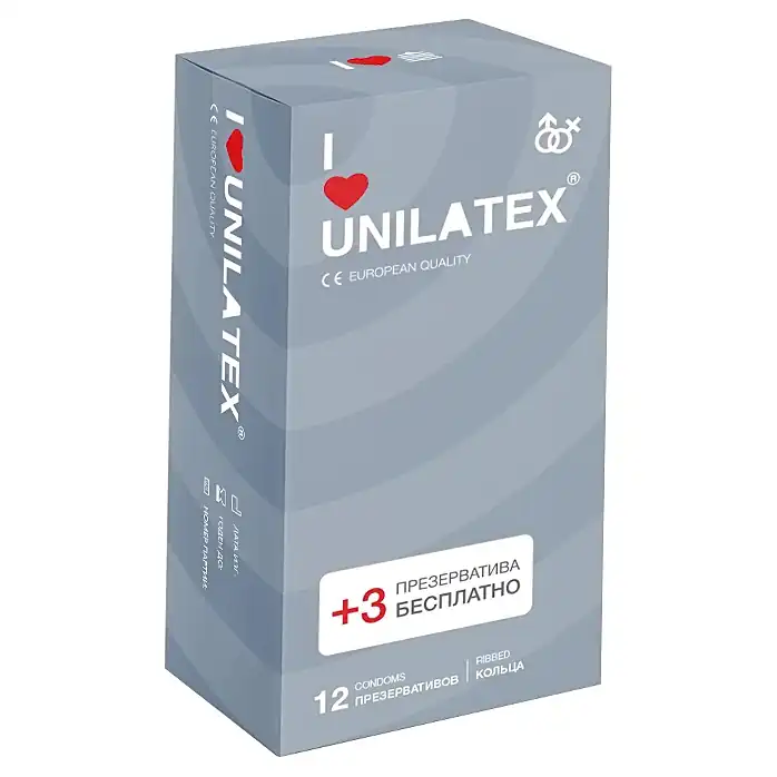Презервативы с рёбрами Unilatex Ribbed - 12 шт. 3 шт. в подарок