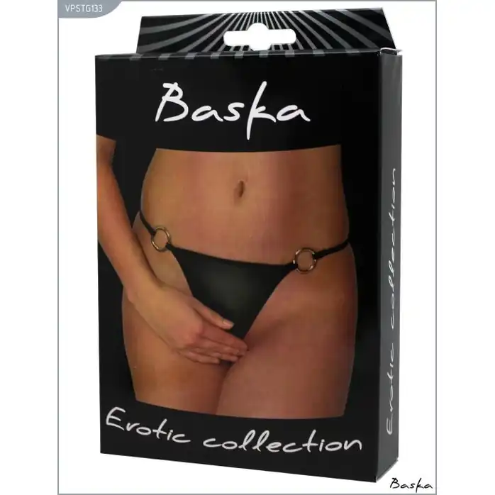 Контактные трусики-стринги с кольцами из материала с wet-эффектом. Фотография 2.