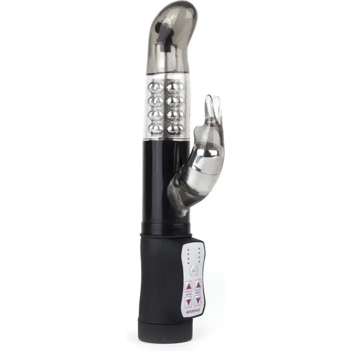 Чёрный перезаряжаемый вибратор Rabbit с клиторальным отростком - 22 см - Shots Toys