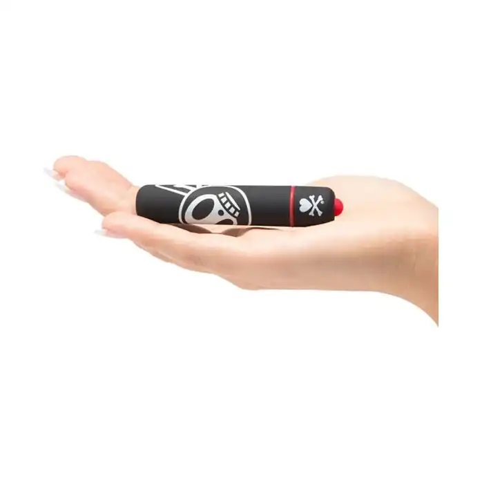 Чёрная вибропуля с принтом MINI BULLET VIBRATOR BONBON. Фотография 3.
