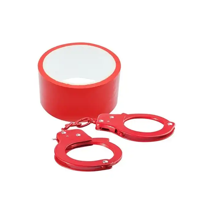 Набор для фиксации BONDX METAL CUFFS AND RIBBON: красные наручники из листового материала и липкая лента - BondX