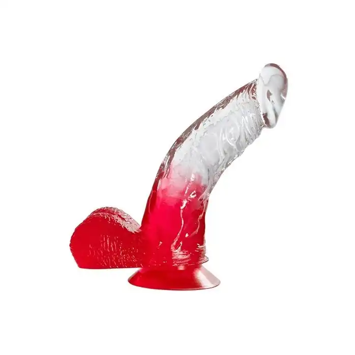 Красный фаллоимитатор с мошонкой, прозрачным стволом и присоской - 15,2 см - Jelly Joy