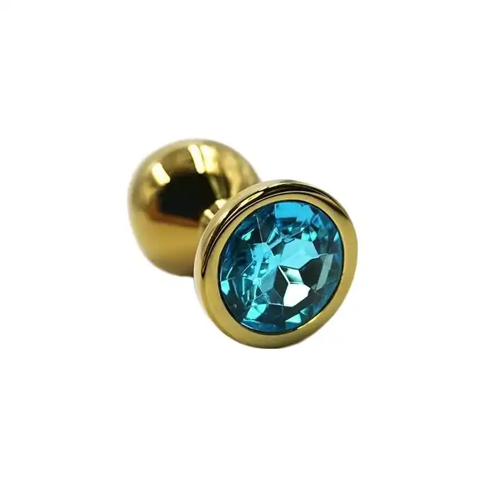 Золотистая алюминиевая анальная пробка с голубым кристаллом - 6 см - Kanikule anal plugs