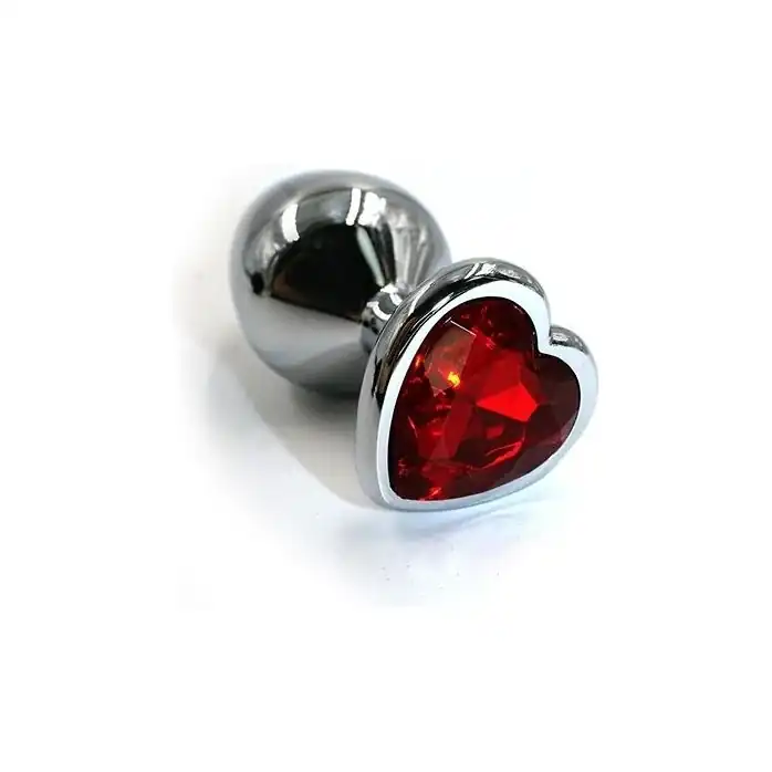 Серебристая анальная пробка с красным кристаллом-сердцем - 7 см - Kanikule anal plugs