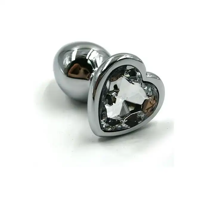 Серебристая анальная пробка с прозрачным сердцем-кристаллом - 7 см - Kanikule anal plugs