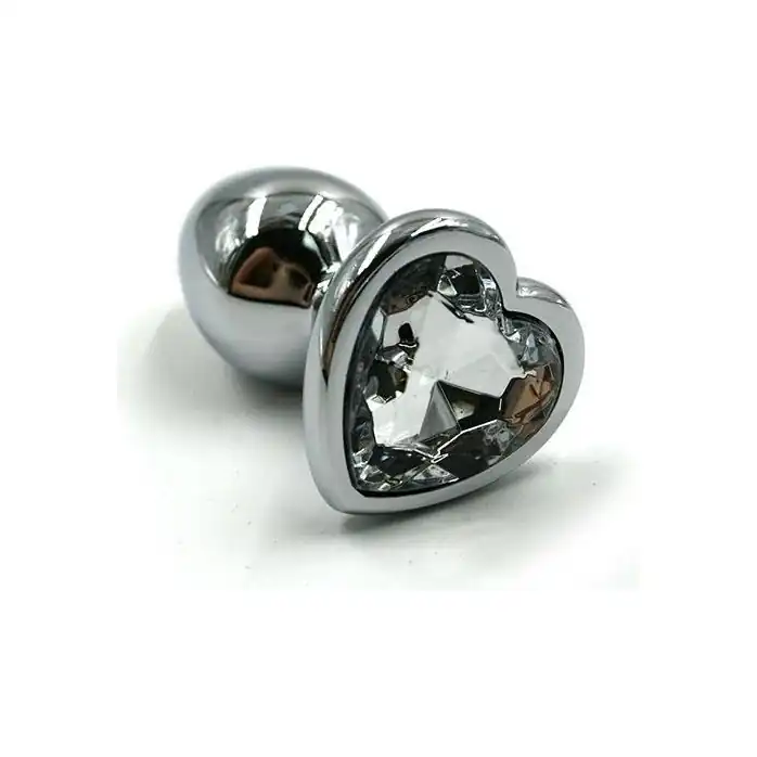 Серебристая анальная пробка с прозрачным сердцем-кристаллом - 6 см - Kanikule anal plugs