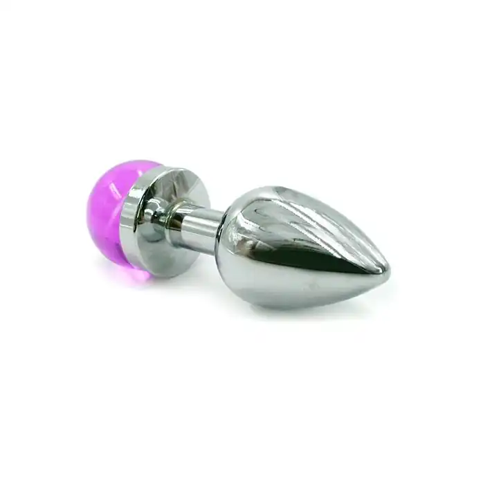 Серебристая анальная пробка с фиолетовой сферой в основании - 6 см - Kanikule anal plugs. Фотография 2.