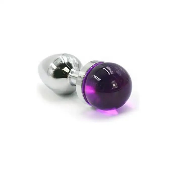 Серебристая анальная пробка с фиолетовой сферой в основании - 6 см - Kanikule anal plugs