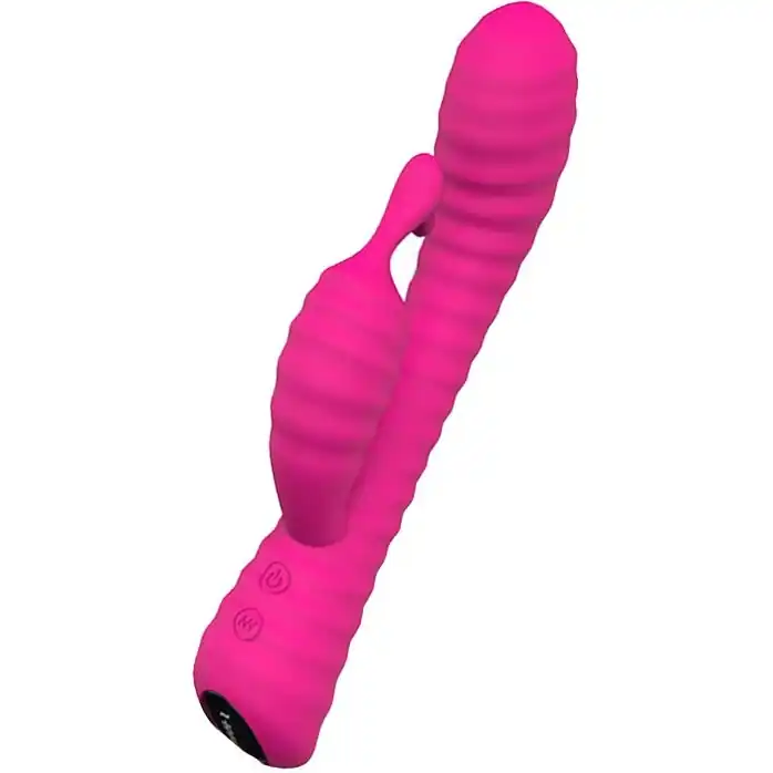 Розовый ребристый вибратор с клиторальным стимулятором S-HANDE Moonlight - 21,1 см