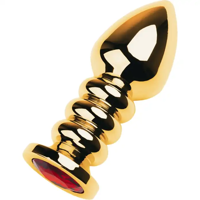 Золотистый анальный плаг с рёбрышками и красным кристаллом - 10,5 см - Metal