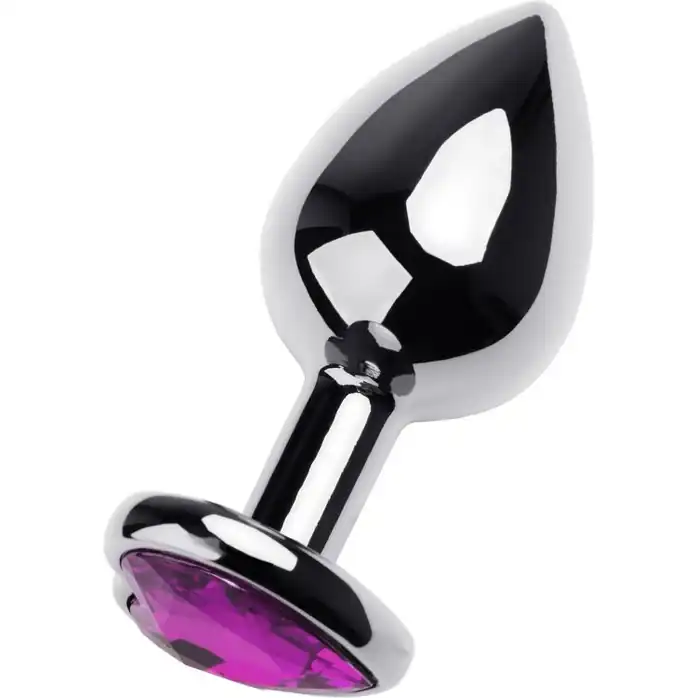 Серебристая анальная втулка с фиолетовым стразом-сердцем - 8 см - Metal. Фотография 2.