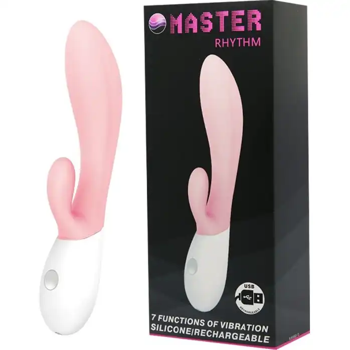 Розовый перезаряжаемый вибратор с клиторальным отростком Master Rhythm - 20 см