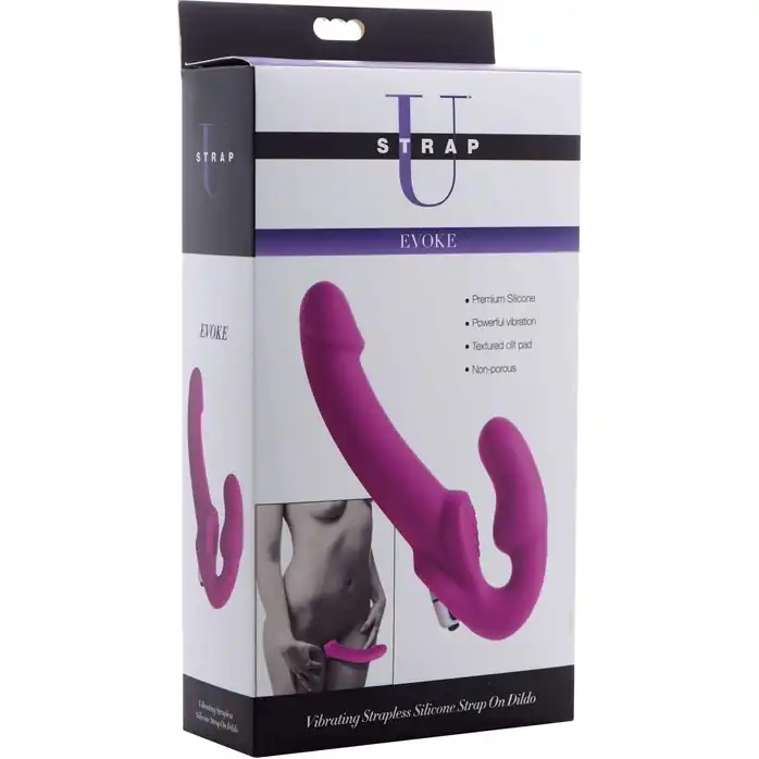 Ярко-розовый безремневой вибрострапон Evoke Vibrating Strapless Silicone Strap-on Dildo - Strap U. Фотография 5.