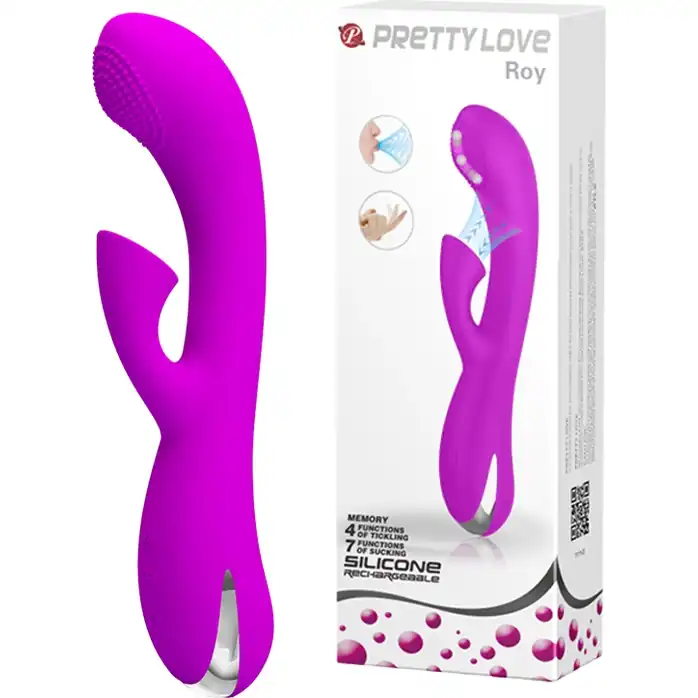 Лиловый вибратор Roy с движущимся элементом и клиторальной помпой - 20,5 см - Pretty Love. Фотография 6.