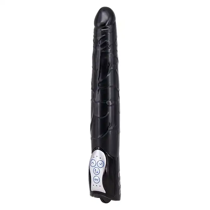 Чёрный вибромассажер Long John Realistic Thrusting Vibrator с функцией толкания - 20 см