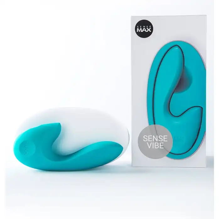 Бирюзовый вибратор Sense Max с клиторальным стимулятором - 16 см. Фотография 5.